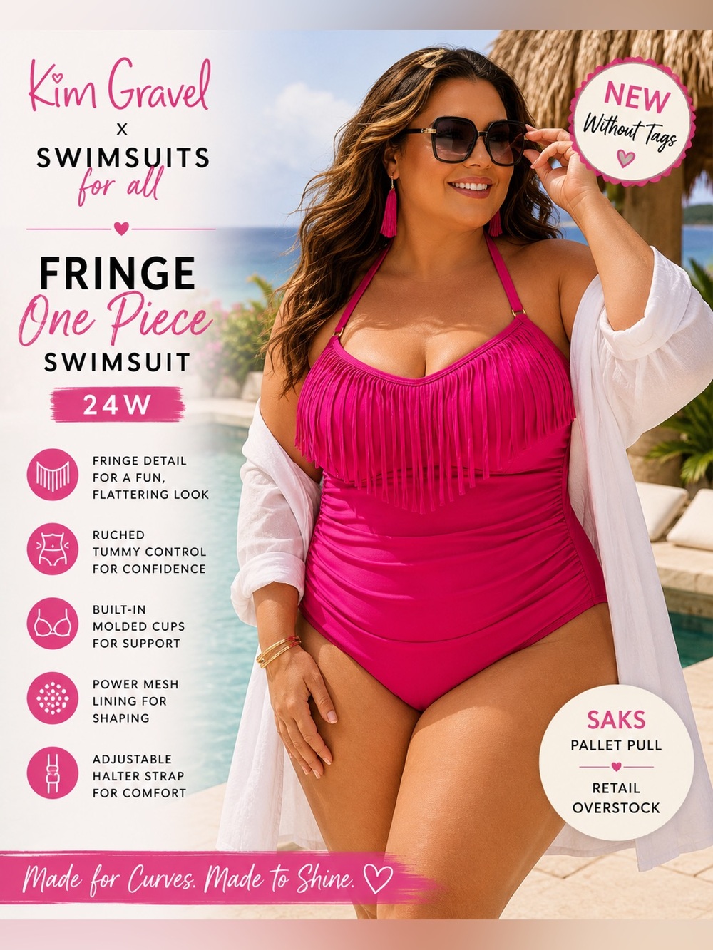 Kim Gravel x Swimsuits For All Pink Fringe One Piece Swimsuit 24W